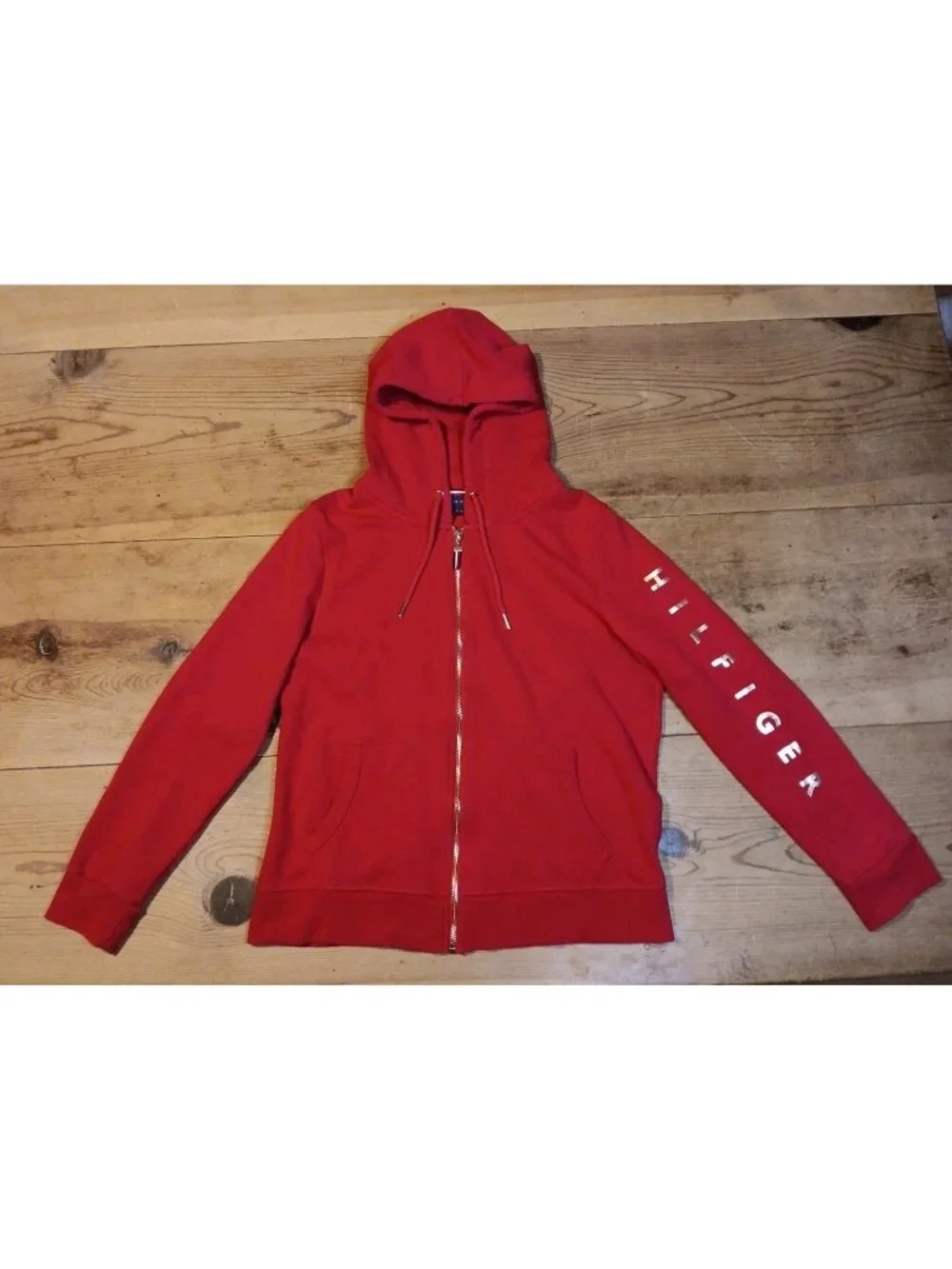 Tommy Hilfiger Hoodie Women M Red Sweatshirt Jacket Full Zip Red Gold Spellout